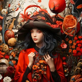shibuyanomic ibizacore, in a red dress surrounded by flowers