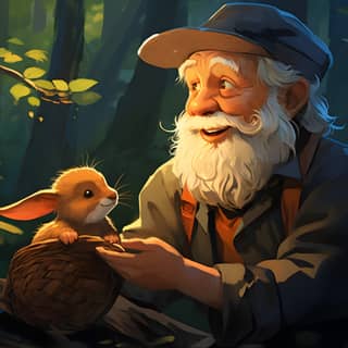 In the forest an old painter holds an injured small animal in his hands