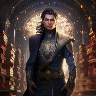 In the grand library of cosmic knowledge amidst towering shelves filled with ancient tomes and celestial scrolls Kael stands
