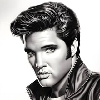 Il grande ritratto di Elvis Presley per adulti in un libro da colorare in scala di grigi, con un'acconciatura rock intrecciata all'antica. L'interpretazione di Elvis Presley di Jason Klein in mostra con una giacca di pelle e una collana.