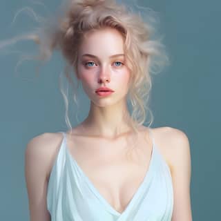Ícone do Instagram apresentando uma pintura figurativa fotorrealista de uma mulher loira com olhos azuis e uma blusa branca, posando para uma foto.