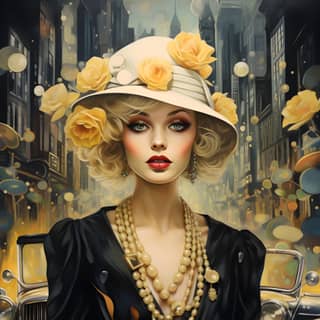 uptown lady, wearing a hat and pearls