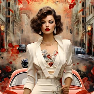 uptown lady, in a white dress and red heels is standing next to a red car