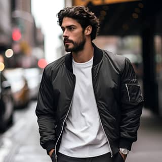 walking down the streets of new york wearing a black and white bomber jacket made up of nylon paired with black chino