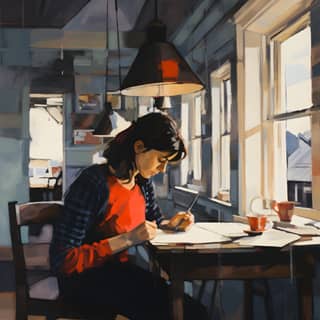 writing in her journal in a cozy canadian style loft apartment in the style of Richard Diebenkorn