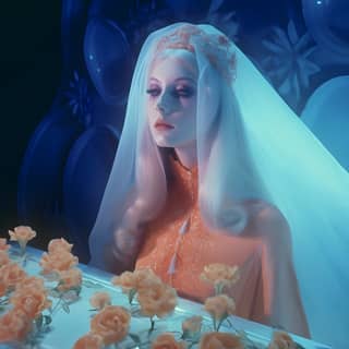 Фильм-культист 1970-х годов с изображением красивой женщины в гробу с мягкими пастельными оранжевыми оттенками и обильными похоронными цветами, отражающий жанр полуночного кино.