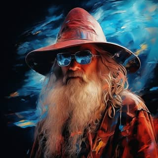 1️⃣ the lord of the rings is wearing a long beard and hat in the style of virtual and augmented reality light red and dark