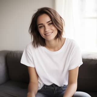 Brunette female model in plain loose fitting white t-shirt and light wash denim product photography no pockets on shirt no