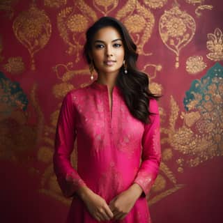 Eine indische Frau in einem knallrosa Kurta feiert Diwali vor einer Wand mit aufwendigem Brokatmuster.