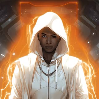 Young Black male superhero with light powers floating in a high school hallway glowing cosmic light hooded cowl white