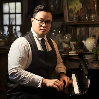 a bit fat man playing piano casual wear short hair pure black hair shiny/glossy solid color classic preppy warm atmosphere