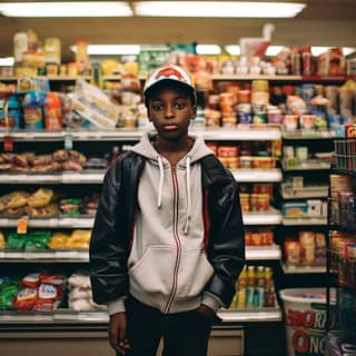 black boy inside of a 7 eleven, boy standing in front of a grocery store