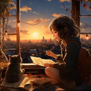 A cute cat writing with a pen Ghibli Studio, a girl reading a book and a cat sitting on the window sill