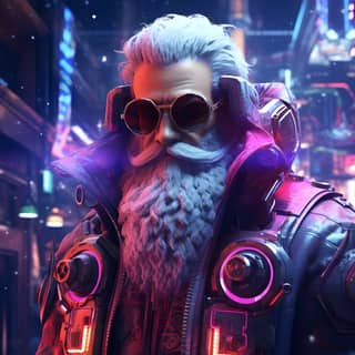 cyberpunk santa lights futurisitic, with a beard and glasses in a futuristic city