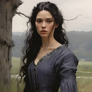 dark fantasy character portrait female witch 18years old hauntingly beautiful face she has dark hair pale skin and light