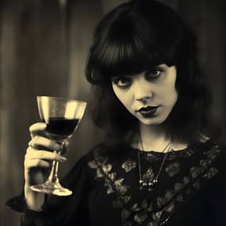 dressed in a black and white photograph holding a drinking glass in the style of tarot card fernand cormon cyclorama emil