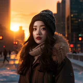 Une femme en tenue d'hiver se tient sur une rue de la ville au coucher du soleil.