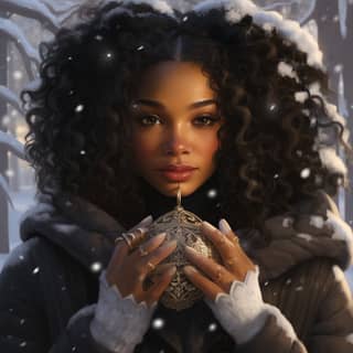 fairytale snowflakes and mittens melanin black women, with curly hair holding a silver ornament