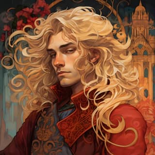 a halfling man in a rich style gown with long blond hair in the style of jon foster charming character illustrations rebecca