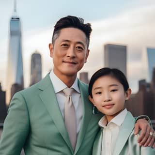a handsome 40yo Chinese man and his tween daughter family vibe A sky painted with the soft hues of a sunrise a bustling city