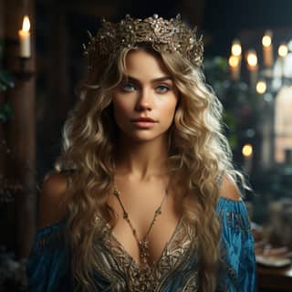 magical fairy's portrait with long curly dark hair clear face beautiful face ultra detailed blue eyes with iridescent blonde