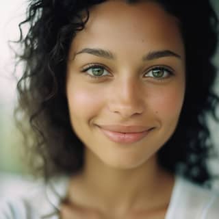 Mujer de raza mixta con ojos verdes, cabello rizado y una camisa blanca.