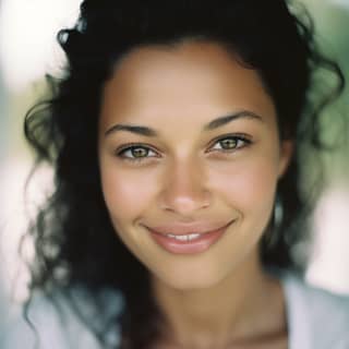 **mixed race woman green eyes smilling upslash Polaroid film, with curly hair and green eyes