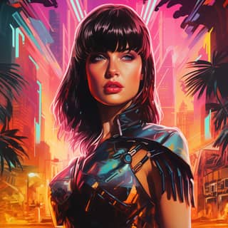 Un póster de la película con Xena vistiendo un traje futurista en una ciudad con colores brillantes y acción estilo Tron.