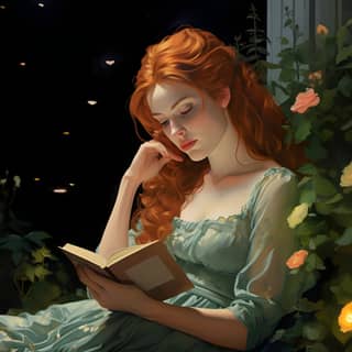 regency romance book illustration 20 year old red haired woman in garden at night