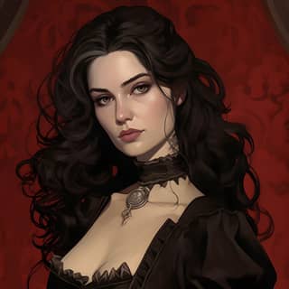 the beautiful woman in the style of graphic novel inspired illustrations dark hair detailed face full height dark beige and