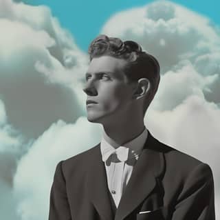 the hollywood reissue wilford mckinney in the style of light sky-blue and black dadaist photomontage celebrity-portraits