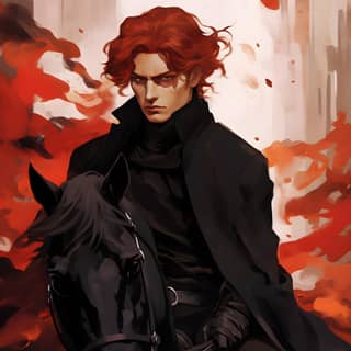 the red haired man riding a horse in the style of charlie bowater marat safin red and black piratepunk atey ghailan