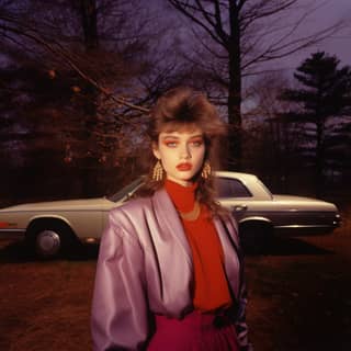 vintage color photo circa 1987, in a purple suit and red top standing next to a car