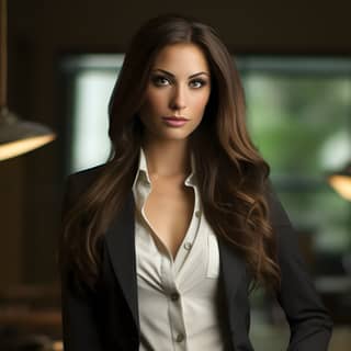 Business Casual Fashion: "Imagine a professional setting where a captivating woman models business casual attire with a