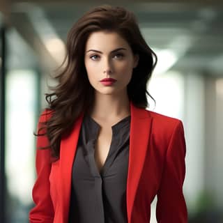 Business Casual Fashion: "Imagine a professional setting where a captivating woman models business casual attire with a