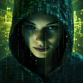 Female hacker in a Matrix-style digital world surrounded by flowing binary code Add glowing green glitch effects for a