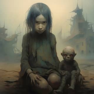 Heartwarming children in a dystopian world How can you paint something so cute? by Beksinski