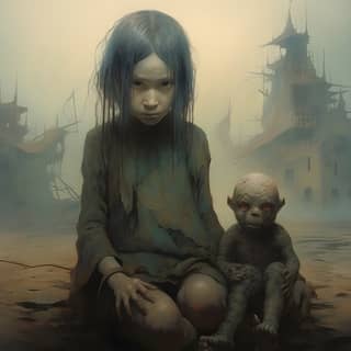 Anak-anak yang menyentuh hati di dunia dystopian, seorang gadis dengan rambut panjang dan sebuah boneka duduk di tanah.