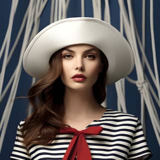 Deniz temalı çizgili ve denizci unsurlarıyla donatılmış şık bir kıyafet giymiş etkileyici kadın, deniz kıyısında çekilmiş bir manzara karşısında nautical chic tarzının özünü yansıtıyor.