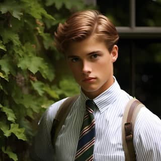 Ein Modell in preppy Mode umgeben von mit Efeu bewachsenen Wänden und klassischer Architektur.