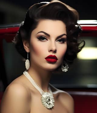 Retro glam moda: Geçmiş on yılların ihtişamını zariflik ve sofistike ile kanallaşma. Siyah bir elbise giymiş ve incilerle poz veren bir kadınla zamansız bir güzellik.