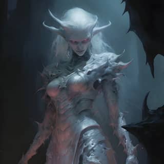 Unholy female adept in a dungeon by John Howe, in white armor standing in front of a fire