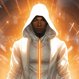 Young Black male superhero with light powers floating in a high school hallway glowing cosmic light hooded cowl white