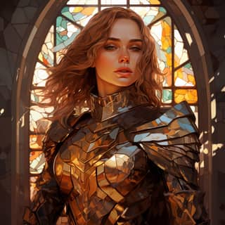 an illustration with a girl wearing leather armor in the style of stained glass effect realistic hyper-detailed portraits i