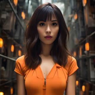 Seorang wanita berpayudara besar dari Hong Kong memakai baju oren dan berdiri di lorong dengan rak-rak.