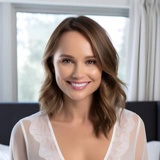 fotografi boudoir model menawan tersenyum di bilik tidur yakin bersantai bergaya dada luas bibir berbentuk putih dan berpakaian dalam berenda putih.