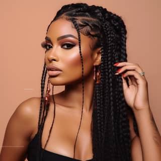 brown skin woman with glam makeup glossed lips long dark lashes with long brown individual braid extensions standing in