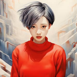 contemporary modern beautiful chinese short hair red sweater stunned trap in a maze climb up rocks