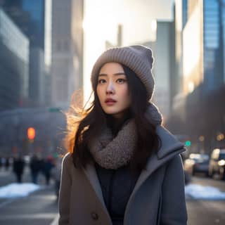 Une femme en manteau d'hiver et chapeau se tient au milieu d'une rue de la ville entourée de gratte-ciel imposants.