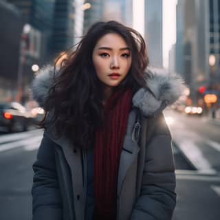 dressed in a winter outfit stands on a street within a stunning cityscape surrounded by towering skyscrapers photography